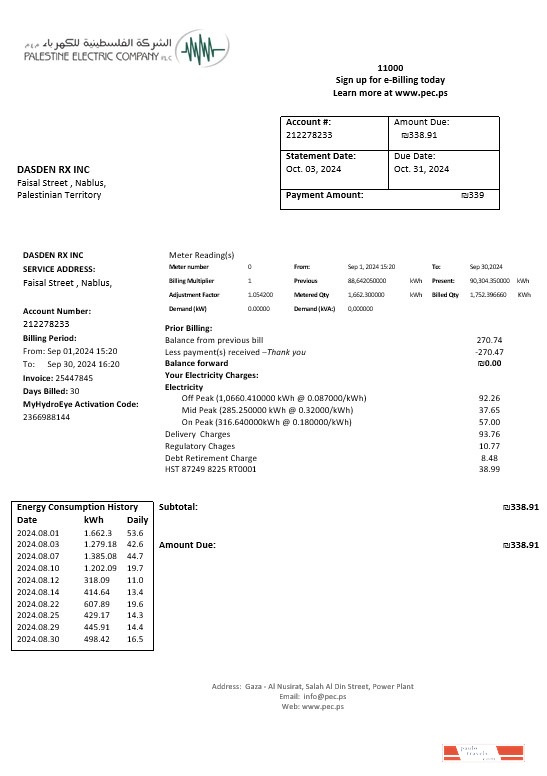 Palestine Electric Company (PEC) business utility bill template in Word and PDF formats
